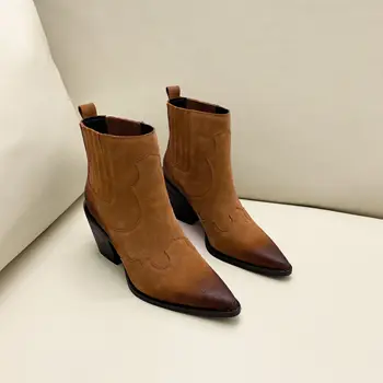 De înaltă Calitate piele de Căprioară Maro Subliniat Toe Scurt Papuceii Femeie Stivuite Cubanez Toc Pantofi de Epocă Aluneca pe Vest Cizme de Cowboy pentru Femei