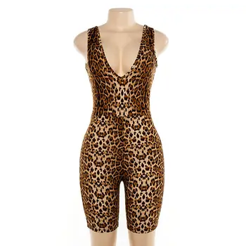 2019 Femei Casual de Vara Costum V-neck Leopard Bodycon Body Tricou Salopeta Romper Topuri pantaloni Scurți de Moda Uza