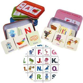 Lemn Alfabet de Învățare Carduri de Jucărie pentru Copii de Culoare Forma Cognitive Puzzle de Potrivire Card de Jucărie Devreme de Învățământ pentru Copii cu Cutie de Fier