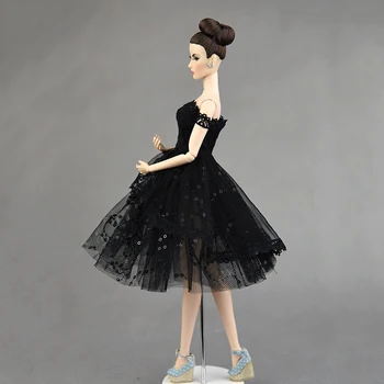 Papusa Haine pentru Papusa Barbie Costume de Printesa Petrecere de Seara Rochie pentru Barbie Rochii Negre de Pe Umăr Dantelă Stil de Îmbrăcăminte, Jucării