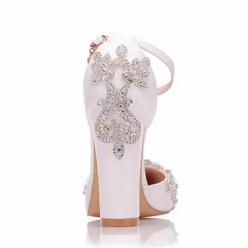 Crystal Queen Square Tocuri Pentru Mireasa 10.5 cm Toc Alb PU Toc Înalt Sandale Femei Pantofi de Nunta