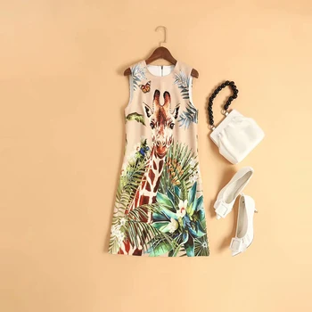 SEQINYY Rochie Mini de Vară 2020 Primăvara anului Nou Design de Moda, Flori, Animale Imprimate Cristal Vesta Bej Rochie