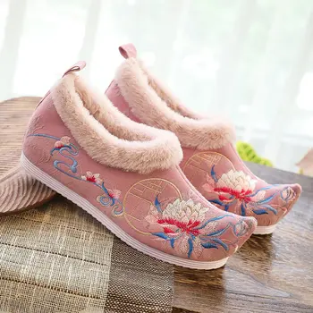 Femei Pantofi Plat Cald Iarna Brodate Chineză Stil Etnic Plus Catifea De Sex Feminin Pantofi De Bumbac Subliniat Toe 2021 Doamnelor Încălțăminte
