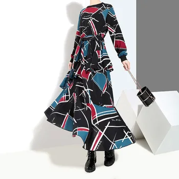 [MEM] 2021 Nou Primavara-Vara Gât Rotund Maneca Lunga Negru Model Imprimate Vrac Neregulate Tiv Rochie Lunga pentru Femei de Moda JI043