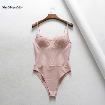 SheMujerSky Femei Culoare Solidă Tricot Costume Strappy Fără Mâneci Scurte Salopete 2019 Sexy Skinny Body-Salopete