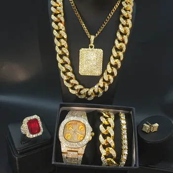 Bărbați De Lux De Culoare De Aur Watch & Colier & Bratara & Inel Si Cercei Combo Set Colier De Cristal De Gheata Cubanez Hip-Hop Pentru Bărbați