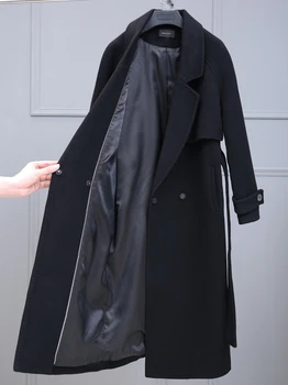 Haină neagră femeile mediu și lung 2020 noua moda high-end față-verso cașmir toamna și iarna îngroșat haină de lână