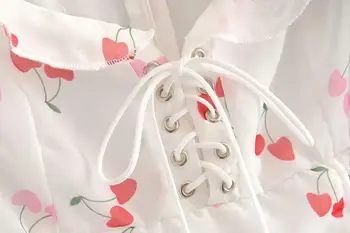 2019 Sexy Alb Cires Imprimare Rochie de Vara Zburli detaliu mâneci Lungi Mini Rochie Scurta pentru femei Cravată decolteu Rochii de Petrecere