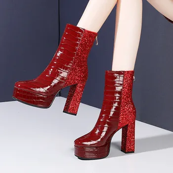 Moda Tocuri foarte inalte, cizme cu platforma din piele bling Femei Cizme femei Pompe 2020 Iarna Petrecere de Nunta Pantofi de Femeie