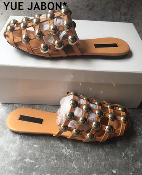 Real din Piele Sandale de Plaja Catâri Aluneca Pe Perla de Cristal Împânzit Papuci Femei Plat Slide-uri în Cuști Pantofi poze reale