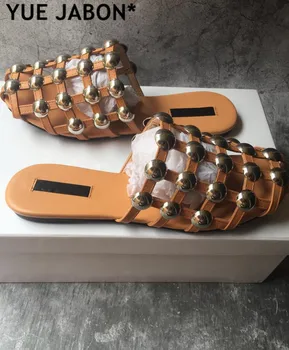 Real din Piele Sandale de Plaja Catâri Aluneca Pe Perla de Cristal Împânzit Papuci Femei Plat Slide-uri în Cuști Pantofi poze reale