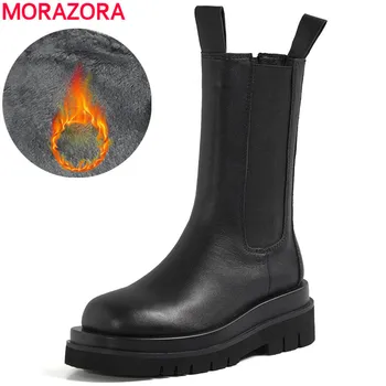 MORAZORA Plus dimensiune 34-43 Noi din piele Chelsea Cizme femei indesata platforma cizme de piele de vacă pantofi de iarna scurt glezna cizme