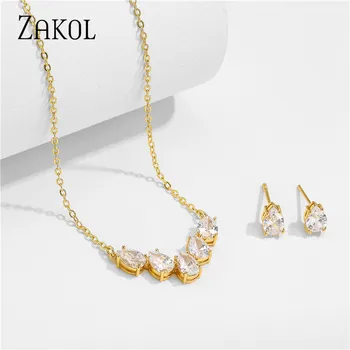 ZAKOL Brand Eleganta Farmec Picătură de Apă AAA Zircon Cristal Cercei Colier Set Pentru Femei Populare Bijuterii de Mireasa Cadou