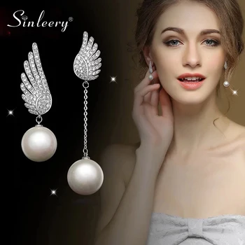 SINLEERY de Lux Asimetrice Cristal Aripă de Înger 12 mm Pearl Lung Picătură Cercei Pentru Femei Bijuterii de Nunta Cadouri ES278 SSG