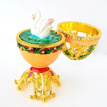 Rus ambarcațiuni faberge stil de ou de Paște w swan bejeweled breloc cutie de bijuterii din metal, cutie de decor acasă sculptura cadouri de Craciun