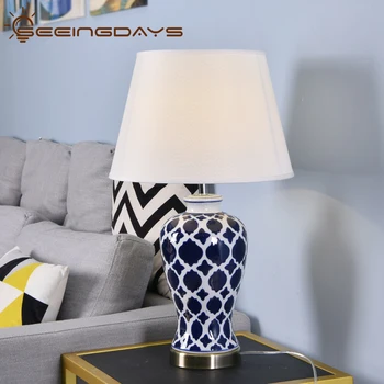 Jindezhen Ceramic Albastru Lampă de Masă în Stil American Retro Led Masă Lampă Pentru Dormitor, Pentru Camera de zi Lampă de Noptieră 38x64cm UE Plug