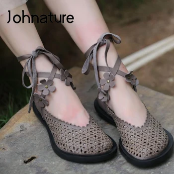 Johnature Retro Sandale Femei Pantofi din Piele 2020 Noi de Vara Plat Dantela-up Casual Cu Flori Tubulare Doamnelor Sandale