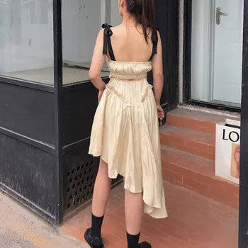 Femei Rochie din Satin Arc fără Mâneci Dantelă-Up Retro Rochie Sexy Slim Neregulate Rochie Drapata 2020 Noua Moda Rochie de Vara Vestidos