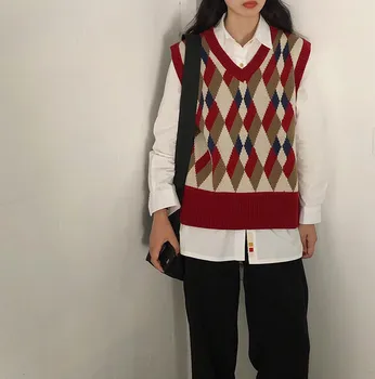 2019 toamna și iarna vintage carouri mâneci pulover V-neck veste pentru femei (F1373)