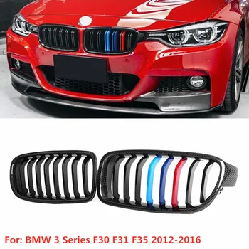 2x F30 Bara Fata Gratar pentru BMW Seria 3 F30 F31 F35 2012-2016 Rinichi Grătar Grila Negru Lucios, din Fibra de Carbon si ABS Styling Auto
