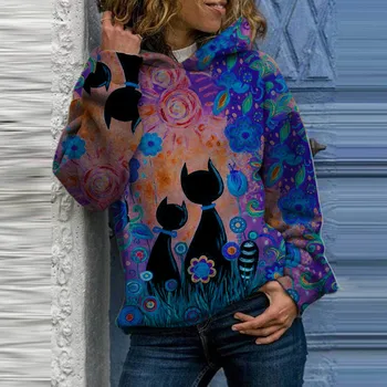 Moda toamna Femei O-gât Animal Pisica cu Maneci Lungi Hoodie Cordon Sweatershirt Sudadera Mujer de Sus Polerones Mujer 2020