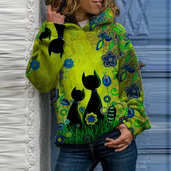 Moda toamna Femei O-gât Animal Pisica cu Maneci Lungi Hoodie Cordon Sweatershirt Sudadera Mujer de Sus Polerones Mujer 2020