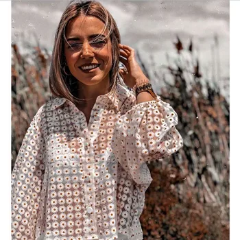 Moda Tricouri Femei Florale Imprimare Turn-Dolar Pur Topuri Tricouri Casual Plasă De Felinar Maneca Bluza Vrac Topuri 2019 Toamna Femei