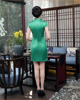 Cheongsam chineză Satin Sexy Slim Florale Casual Vintage Femei Rochie Verde Tradiționale Rochii Scurte S-XXL