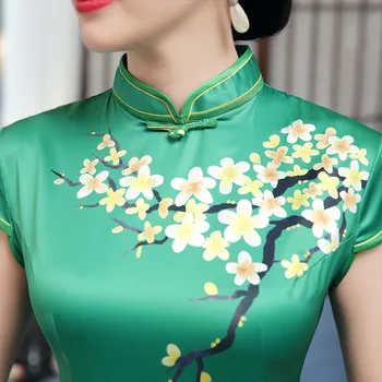 Cheongsam chineză Satin Sexy Slim Florale Casual Vintage Femei Rochie Verde Tradiționale Rochii Scurte S-XXL