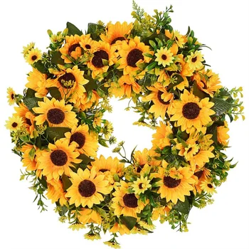 Artificiale De Floarea-Soarelui De Vară Cununa-16 Inch Decorative Fals Coroană De Flori Cu Floarea-Soarelui Galben Și Frunze Verzi Pentru Ușa Din Față Am