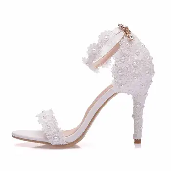 9cm Toc sandale Femei pantofi de nunta curea Glezna cu Cataramă pantofi Perla Flori rochie de petrecere pantofi alb/rosu/roz Margele de pantofi de femeie