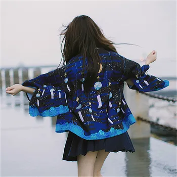 Luna Kimonouri Japoneze Femei 2020 Moda De Vara Tipărite Albastru Cardigan Stil Protecție Solară Bluze Largi Yukata Kimonouri Plaja Cosplay