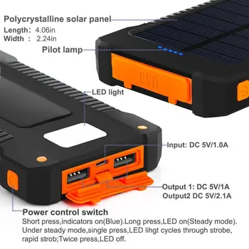 Solar Power Bank Impermeabil 50000mAh Încărcător Solar Porturi USB Încărcător Extern Powerbank pentru Xiaomi 5S, Smartphone-ul cu LED-uri Lumina