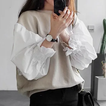 Moda Femei Hoodie 2020 Haine de Toamna Stil coreean Gât Rotund Lantern Maneca Mozaic Femei Top Simplism OL Hanorace