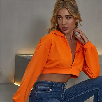 2020 Iarna Streetwear Maneca Lunga Cu Gluga Hoodies Femei Casual Moda Trunchiate Pulovere Topuri Neon Orange Femei Hanorace Groase