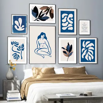 Albastru Coral Flori De Nori Femeie Nud Doamna Linie Arta De Perete Panza Pictura Nordică Postere Si Printuri Poza Perete Pentru Living Decorul Camerei
