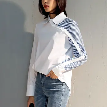 Nouă Femei Tricou Primăvara anului 2019 Moda Mozaic Neregulat Design Albastru și Alb Împletit Stripe Shirt Femei