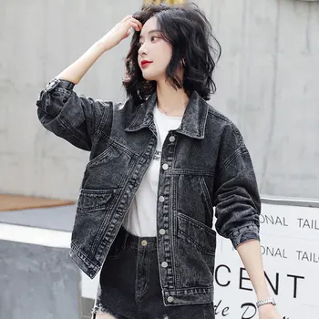 Vintage Denim Sacou Casual, Sacou Denim Haina Femeilor Vintage Negru Toamna anului 2020 Nou Stil coreean cu Maneci Lungi Largi Straturi 96B