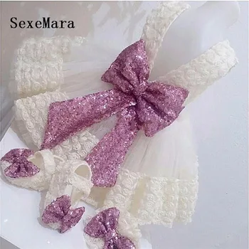 Drăguț Alb/ivory din dantela 3D flori fete pentru copii de 1 an, de ziua rochie de flori girl rochii haine cu paiete arc