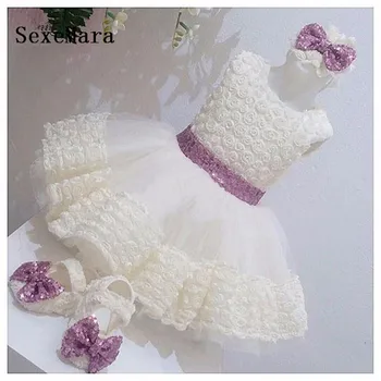 Drăguț Alb/ivory din dantela 3D flori fete pentru copii de 1 an, de ziua rochie de flori girl rochii haine cu paiete arc
