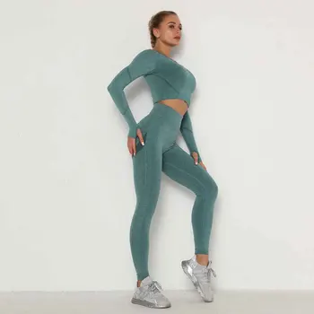 2 buc fără Sudură Yoga Set pentru Femei Haine de Antrenament sală de Gimnastică Seturi Scrunch Butt Înaltă Talie Jambiere+Maneca Lunga Crop Top de Fitness Sport Uzura