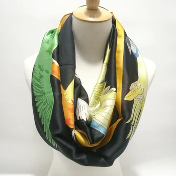 Visual Axe De Lux Inel Eșarfe Femei Brand Păsări Drăguț De Imprimare De Mătase Pură Eșarfă Infinit Snood Foulard 2020