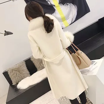 Femeile se potrivesc cașmir palton cu real blană de vulpe manșetă și guler de blană haină de blană adevărată stil European