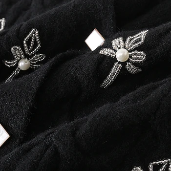 Elegant V-neck Perle, ștrasuri din mărgele cardigan femei maneca lunga pulover gros Modis alb negru topuri 2020 toamna și iarna new sosire