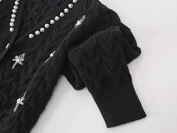 Elegant V-neck Perle, ștrasuri din mărgele cardigan femei maneca lunga pulover gros Modis alb negru topuri 2020 toamna și iarna new sosire