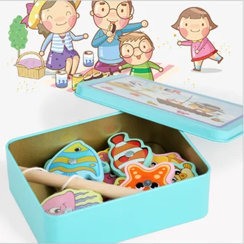 Cutie de fier magnetic 15 de pescuit din lemn de interacțiune părinte-copil de educație timpurie de a beneficia de informații de joaca pentru copii jucării casa