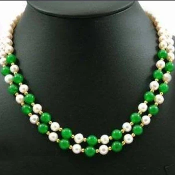 Minunat 2 rânduri alb natural de perle de cultură verde calcedonie, jad-ul rotund margele colier pentru femei bijuterii elegante 17-18
