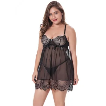 Femei Sexy Lace Babydolls Lenjerie Neagră, Cămașă de noapte Erotic Îmbrăcăminte XL-3XL Transparent Plus Dimensiune cămașă de noapte Mini Sleepwear