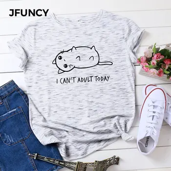 JFUNCY Plus Dimensiune Pisica Minunat Scrisoare de Imprimare Femei Tricou Maneca Scurta de Vara din Bumbac Tricou Supradimensionat Doamna Casual Tricou Topuri