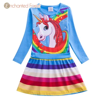 Fete veșminte lui 2019 nouă primăvară unicorn imprimare dungi curcubeu fată rochie cu mâneci lungi haine copii fete rochie de printesa